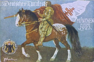 1923 - 13. Deutsches Turnfest München Postkarte Reiter 15.7.23 gelaufen (1)