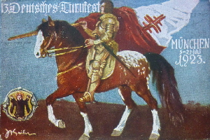 1923 - 13. Deutsches Turnfest München Postkarte Reiter gelaufenJPG (1)